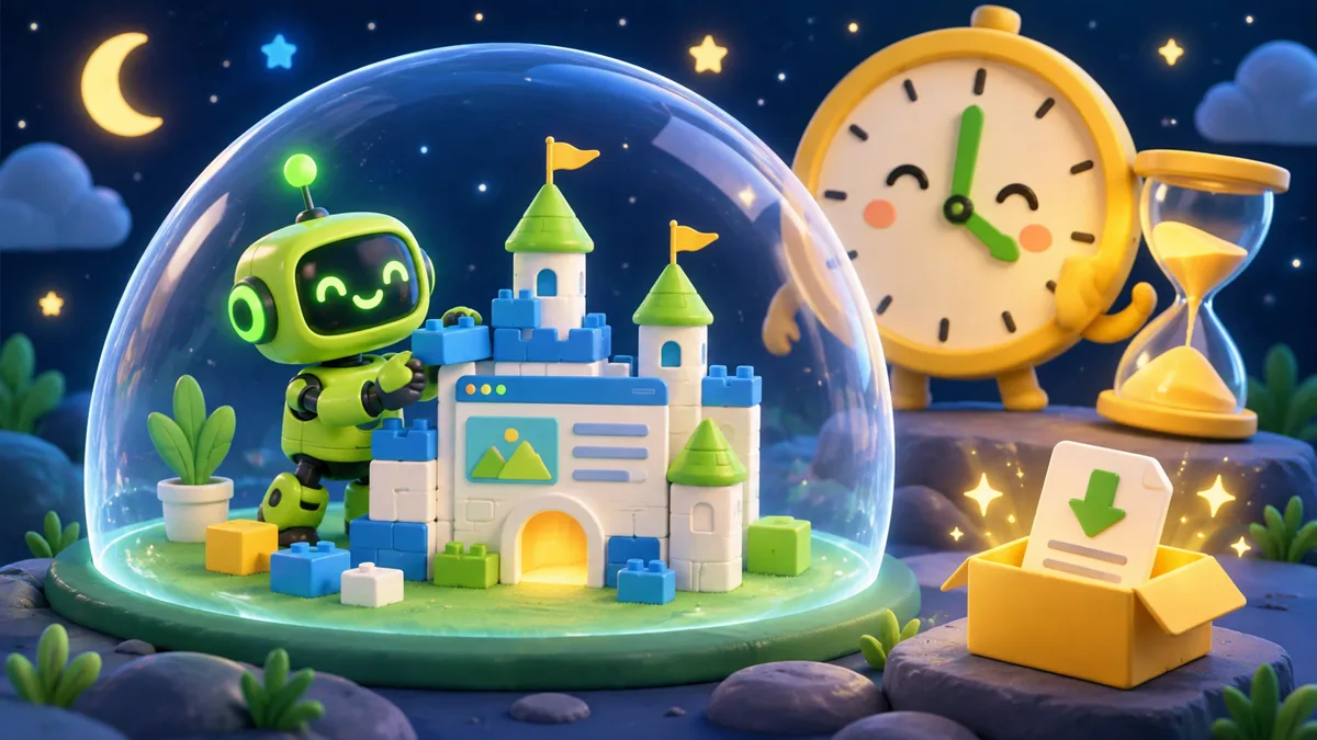Ein Roboter baut in einer Schutzblase eine kleine Website neben Uhr und Sanduhr