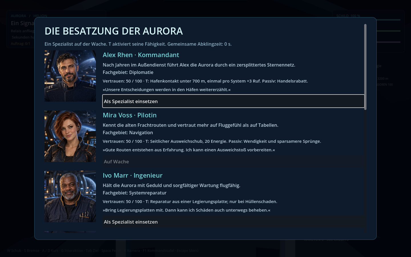 Die eigene Besatzung mit ihren Portr&auml;ts im Crewmen&uuml;
